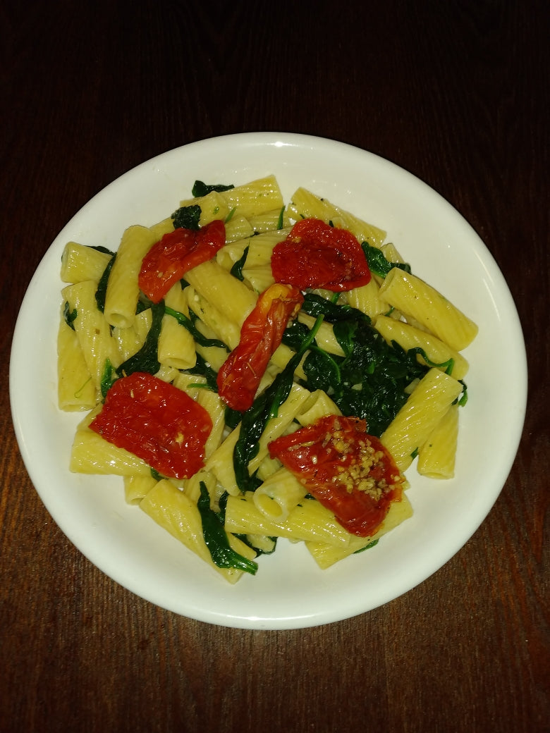 Pasta Aglio Oglio with Wilted Baby Spinach and Sun Dried Tomatoes