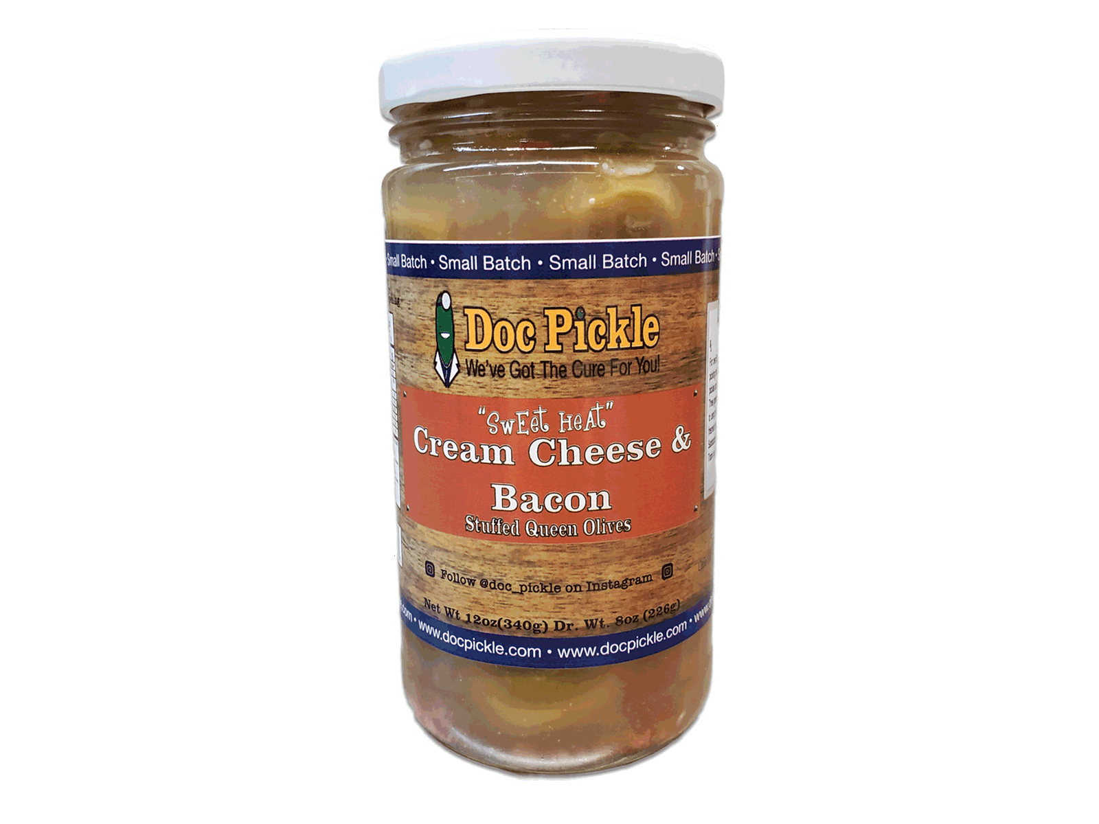 Small Batch Sweet Heat Cream Cheese & Bacon Stuffed Queen Olives - Doc Pickle