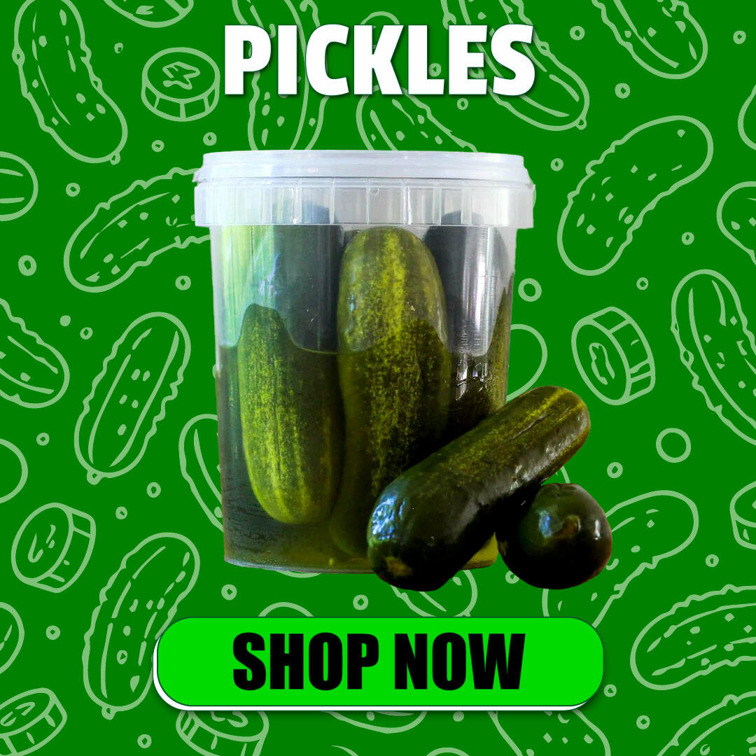 A wide selection of pickles including dill pickles, kosher dill pickles, sour pickles, and spicy pickles for every pickle lover
