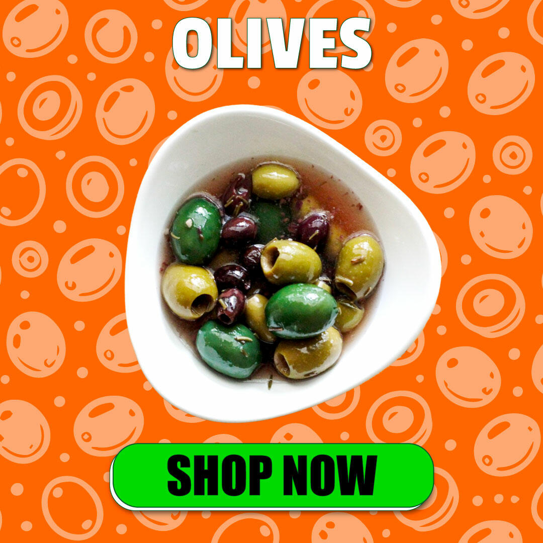 Imported olives including Kalamata olives, Castelvetrano olives, stuffed olives, and Mediterranean olives in flavorful brines