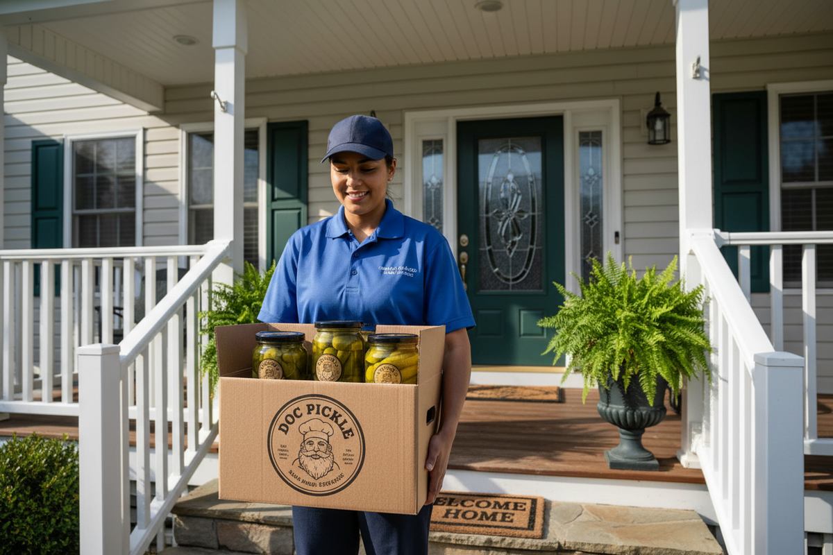 make an image depicting a bundle of doc pickle products getting delivered to a house 